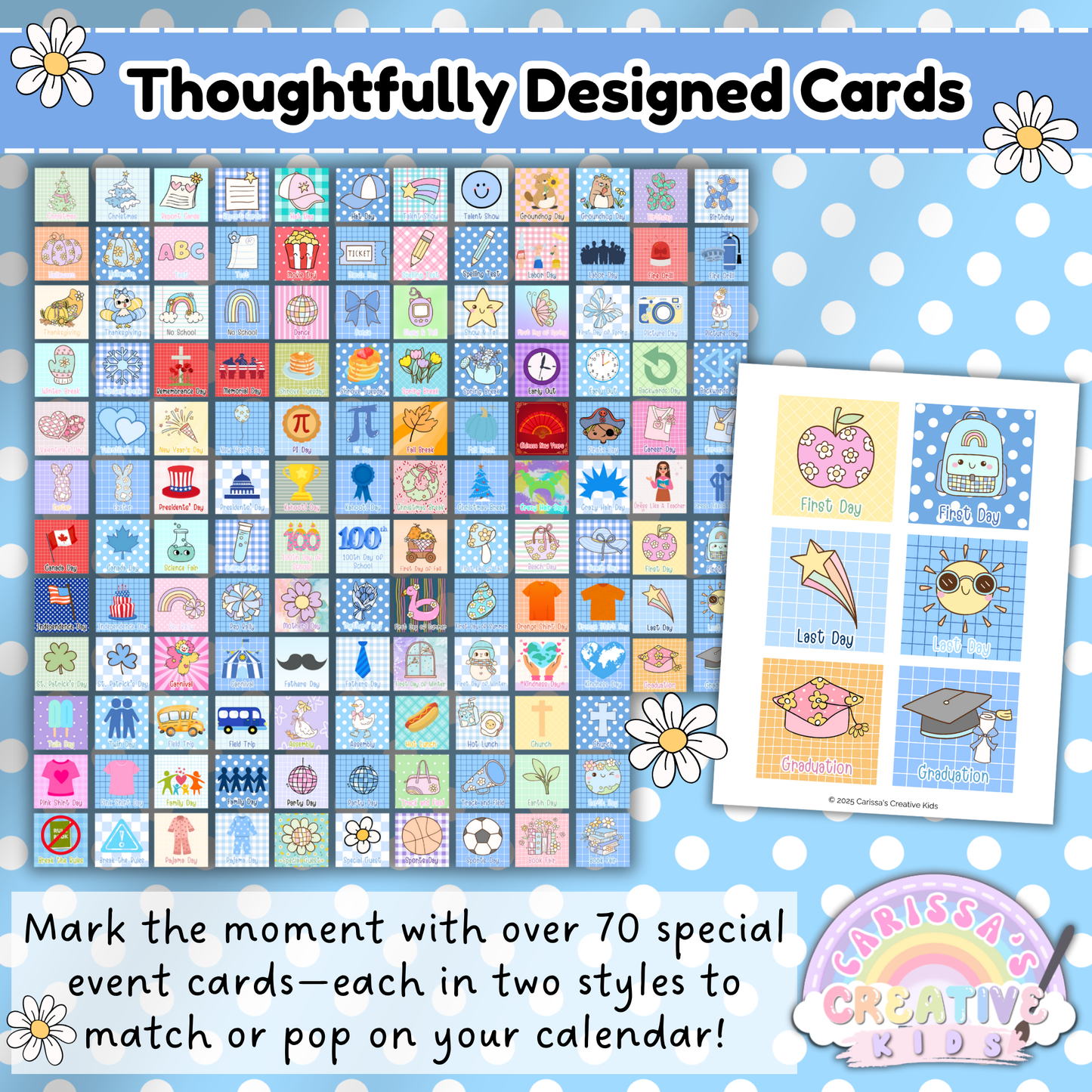 Over 70 special event cards displayed in two styles—one that blends seamlessly with your Silly Goose calendar theme, and one that adds a colorful pop for visibility. These thoughtfully illustrated cards help preschool and daycare classrooms celebrate milestones, holidays, and themed days with ease.