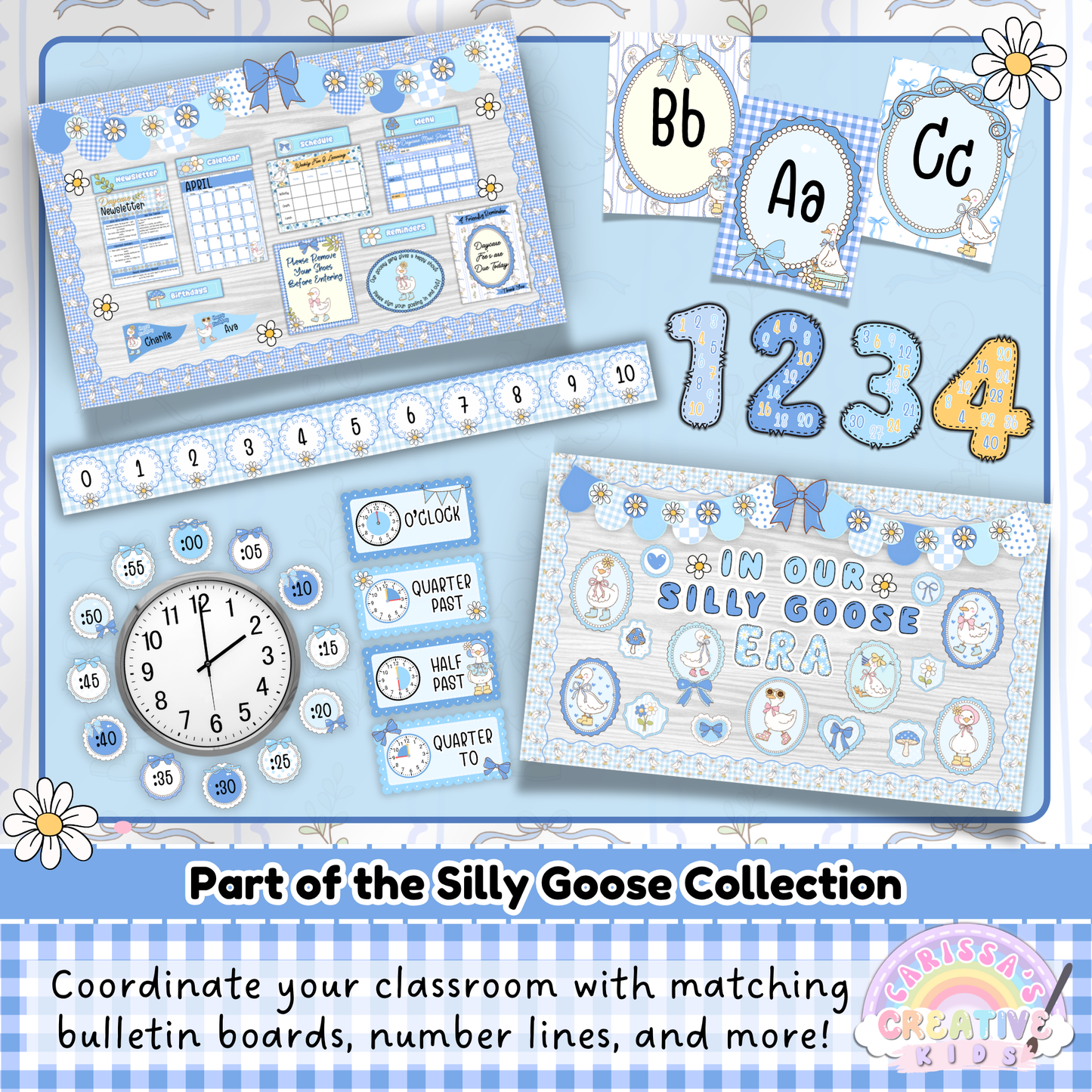 Coordinate Your Classroom with Silly Goose Decor – Matching Calendar, Alphabet Posters, Number Line, and Time Cards in Blue Gingham Theme