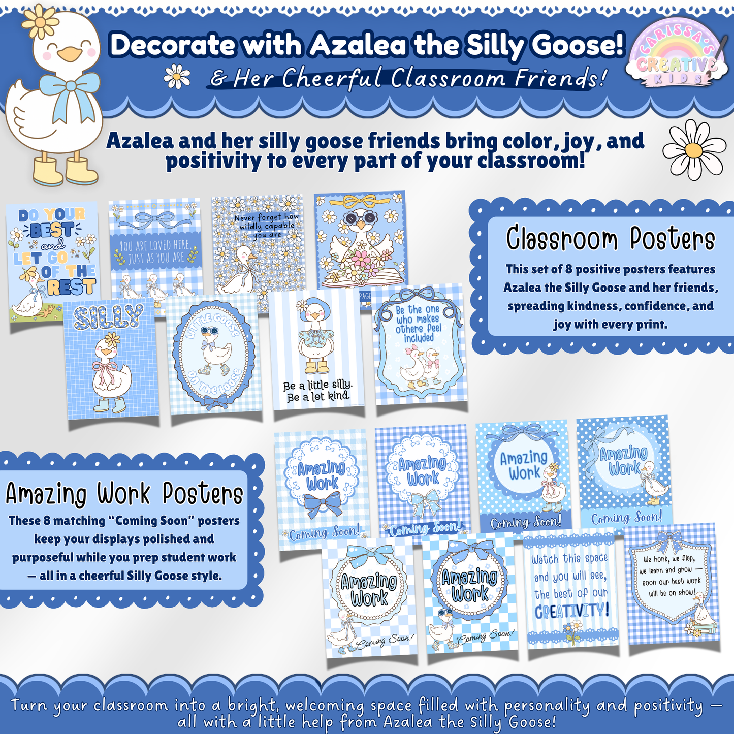 Silly Goose classroom wall posters including 8 positive affirmation prints and 8 Amazing Work Coming Soon displays in a cohesive pastel gingham theme for preschool and elementary classrooms.
