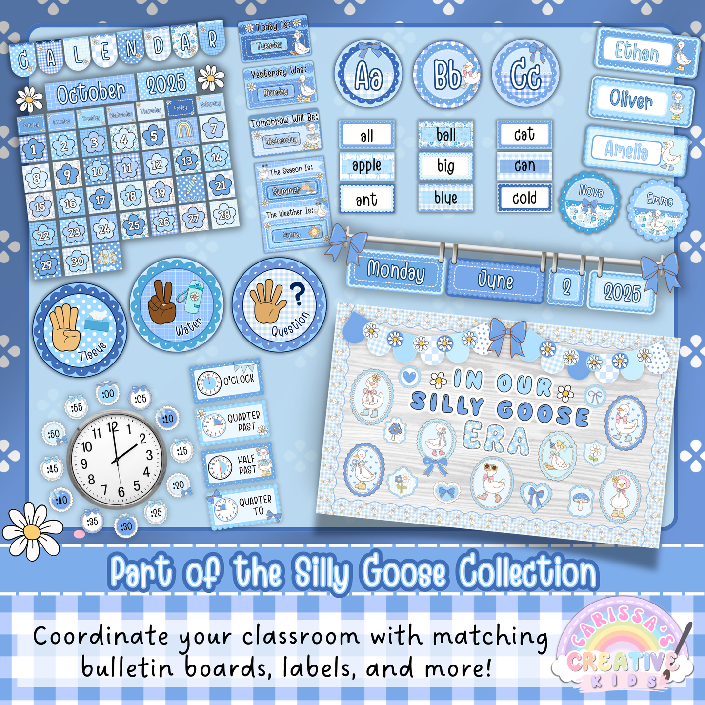 Matching Silly Goose classroom decor set with calendar, alphabet, labels, and bulletin board pieces