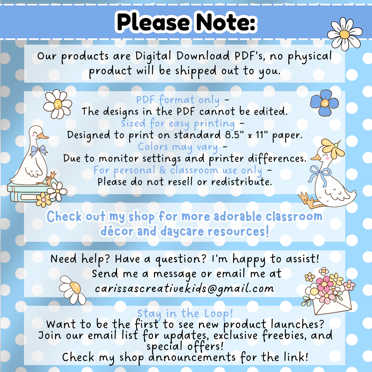 A cheerful blue gingham info page with playful goose illustrations explains that this product is a digital PDF download, not a physical item. It includes details about printing size, color variations, non-editability, classroom use permissions, and how to contact Carissa’s Creative Kids for support.