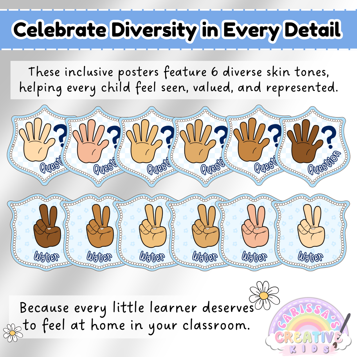 Celebrate diversity with Silly Goose Crest Hand Signal Posters, featuring 6 skin tones per design to ensure every student feels seen, valued, and included. Includes examples of "Question" and "Water" signals in a variety of tones.