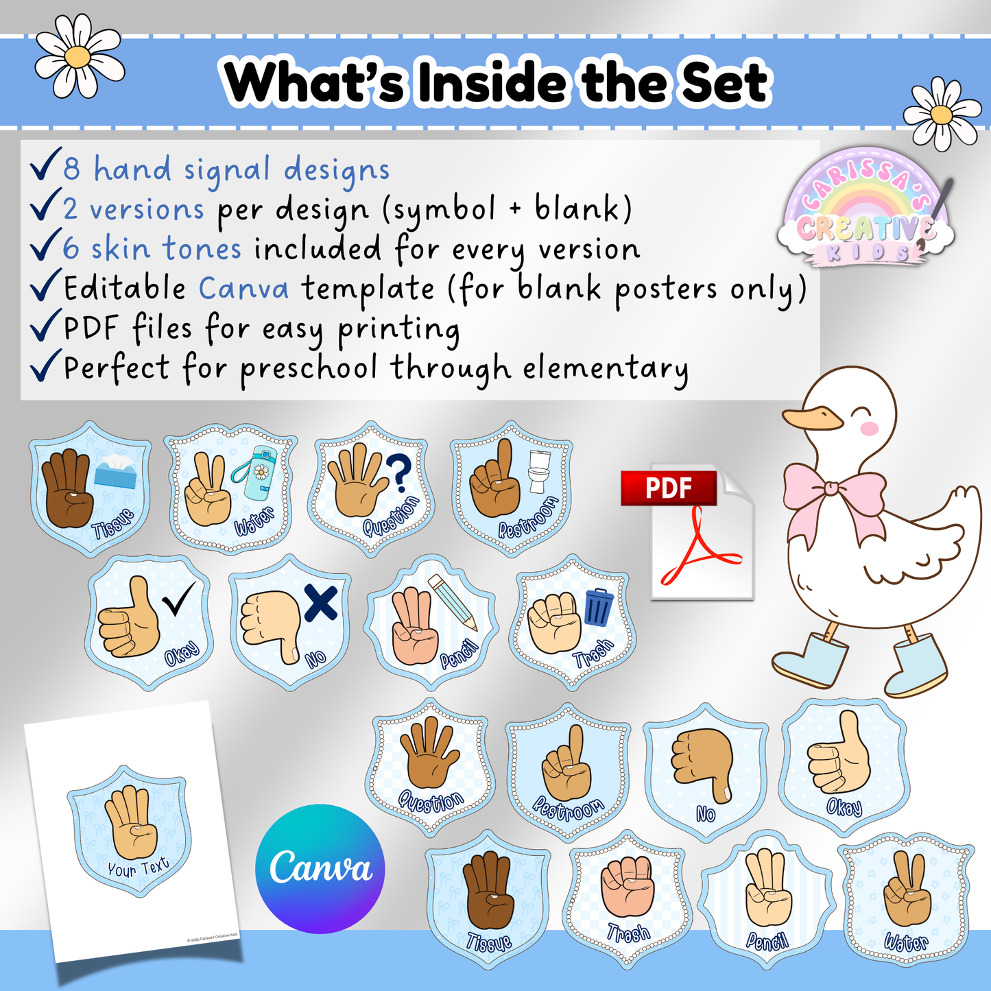 Detailed preview of the Silly Goose Crest Hand Signal Posters set, showing 8 classroom hand signals in two styles—symbol and blank. Includes diverse skin tone variations, a Canva editable template for custom labels, and a downloadable PDF format. Designed for preschool to elementary classrooms with playful pastel crest-style frames.