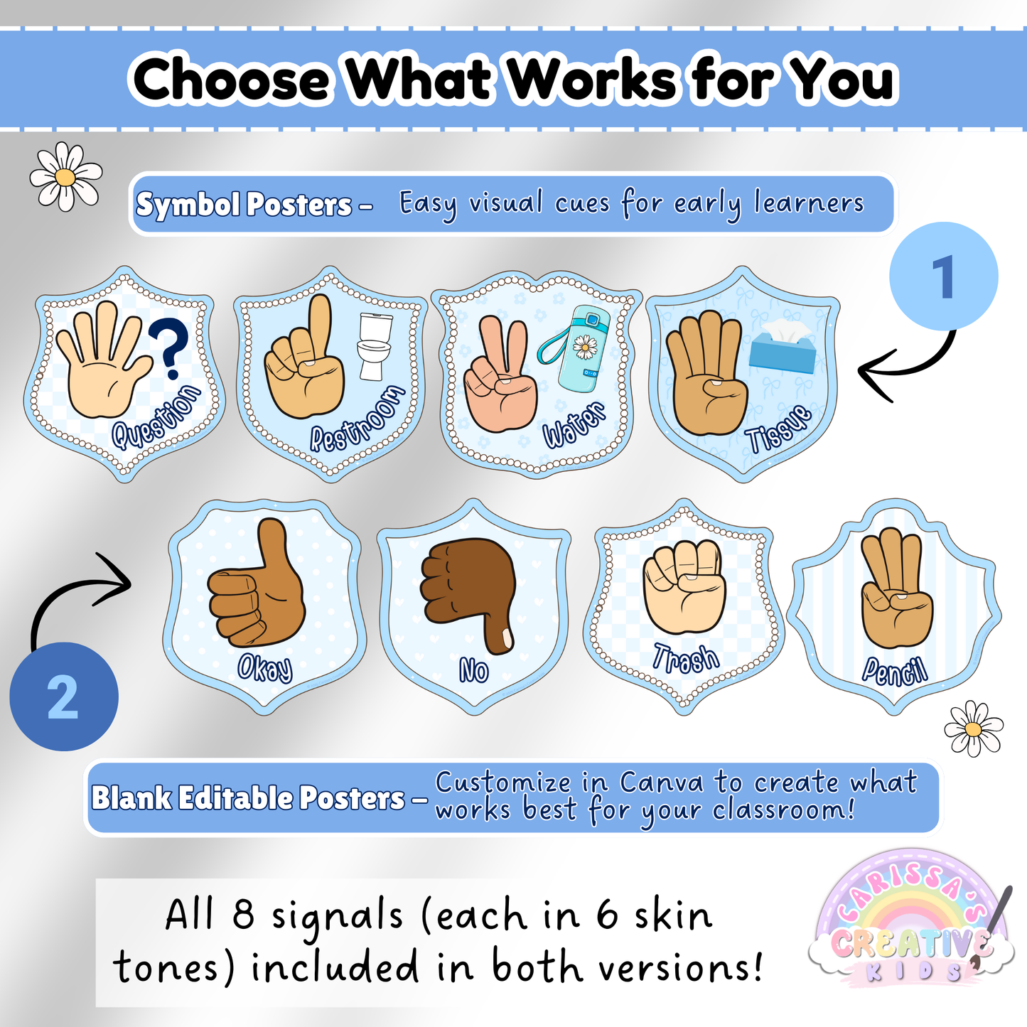 Side-by-side comparison of Silly Goose Crest Hand Signal Posters showing symbol posters with helpful icons and editable blank versions. Includes all 8 signals in 6 skin tones. Canva customization available for blank templates to match your classroom needs.