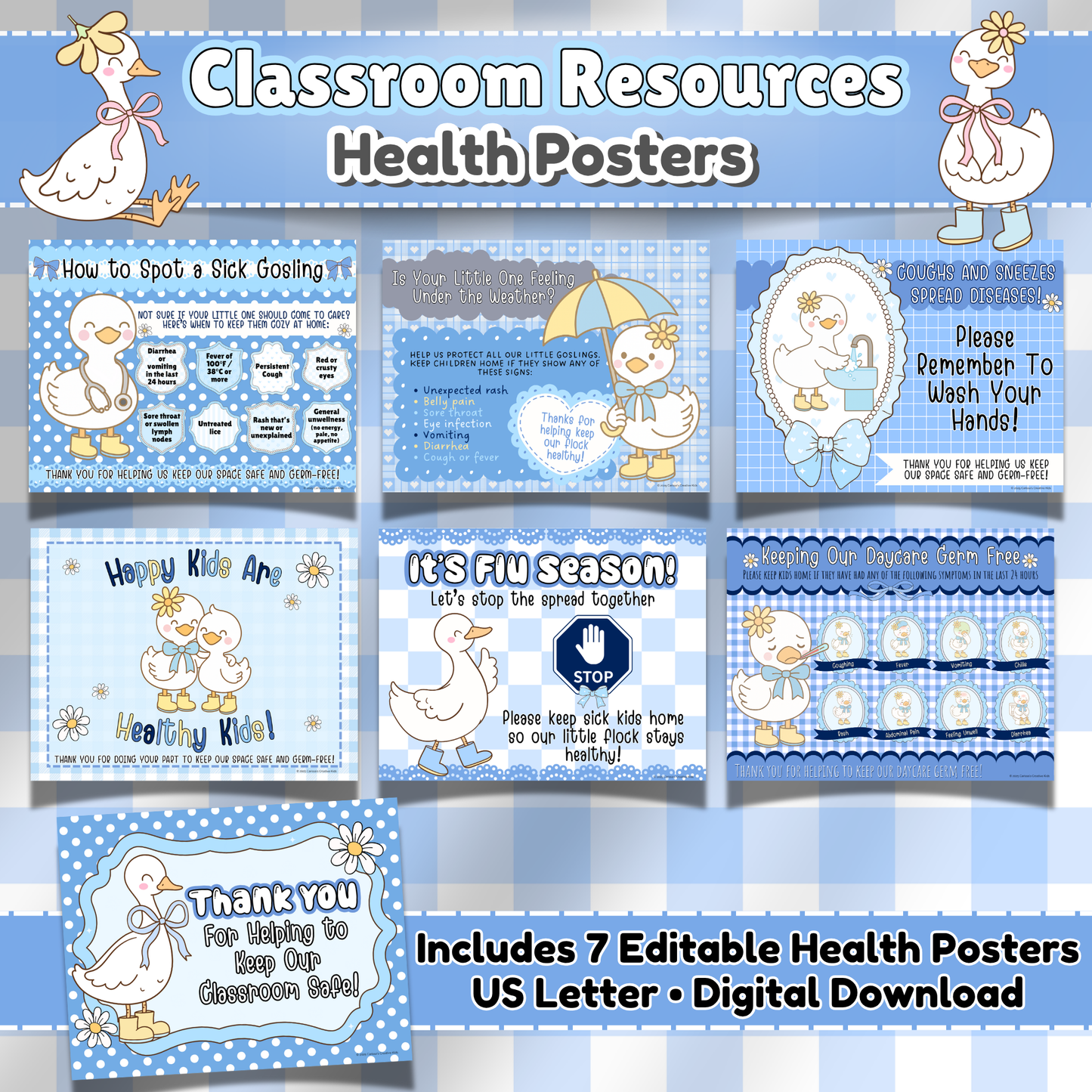 Editable Daycare Health Posters for Preschool and Childcare – Printable Sick Policy and Handwashing Signs with Blue Gingham Background in Silly Goose Theme