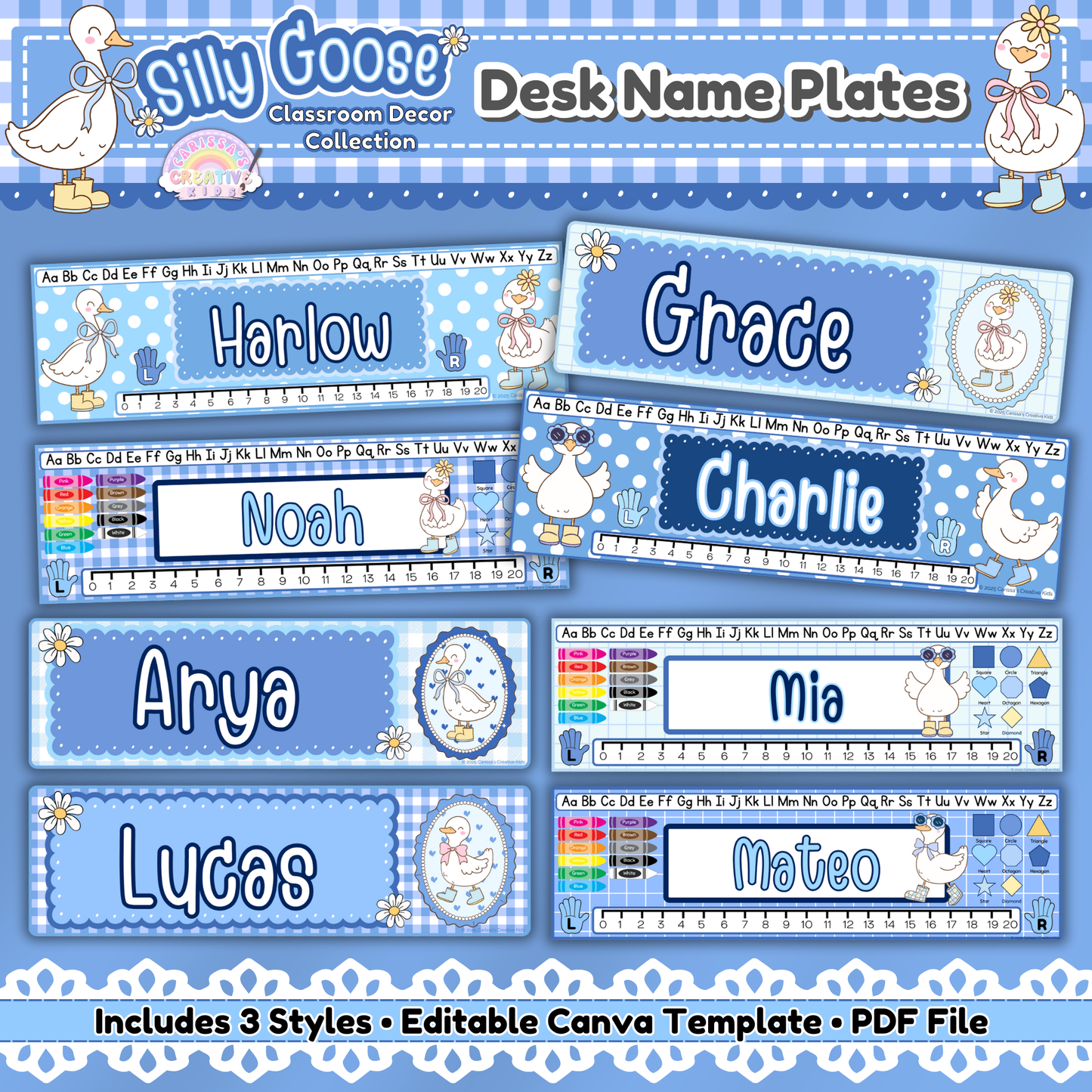 Main image of printable Silly Goose desk name plates for classroom decor, showing 8 pastel blue editable name tags with student names. Includes alphabet, number line, and color chart—perfect for preschool, kindergarten, and back-to-school desk decor.