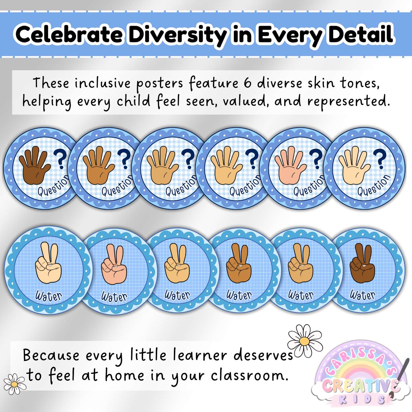 Celebrate classroom inclusivity with Silly Goose hand signal posters featuring six diverse skin tones. Designed to help every student feel seen, valued, and represented in your learning space.