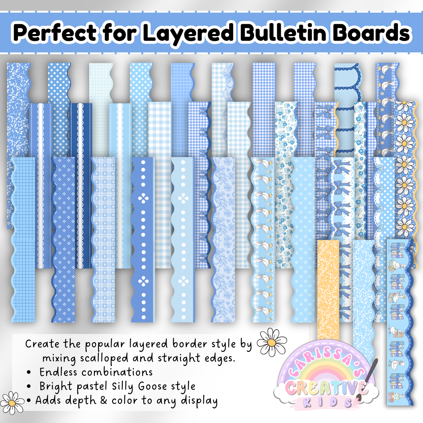 Silly Goose Bulletin Board Borders displayed in layered styles with scalloped and straight edges. Printable blue gingham, floral, and goose designs for creating colorful, trendy layered bulletin boards in preschool, daycare, nursery, or elementary classrooms.