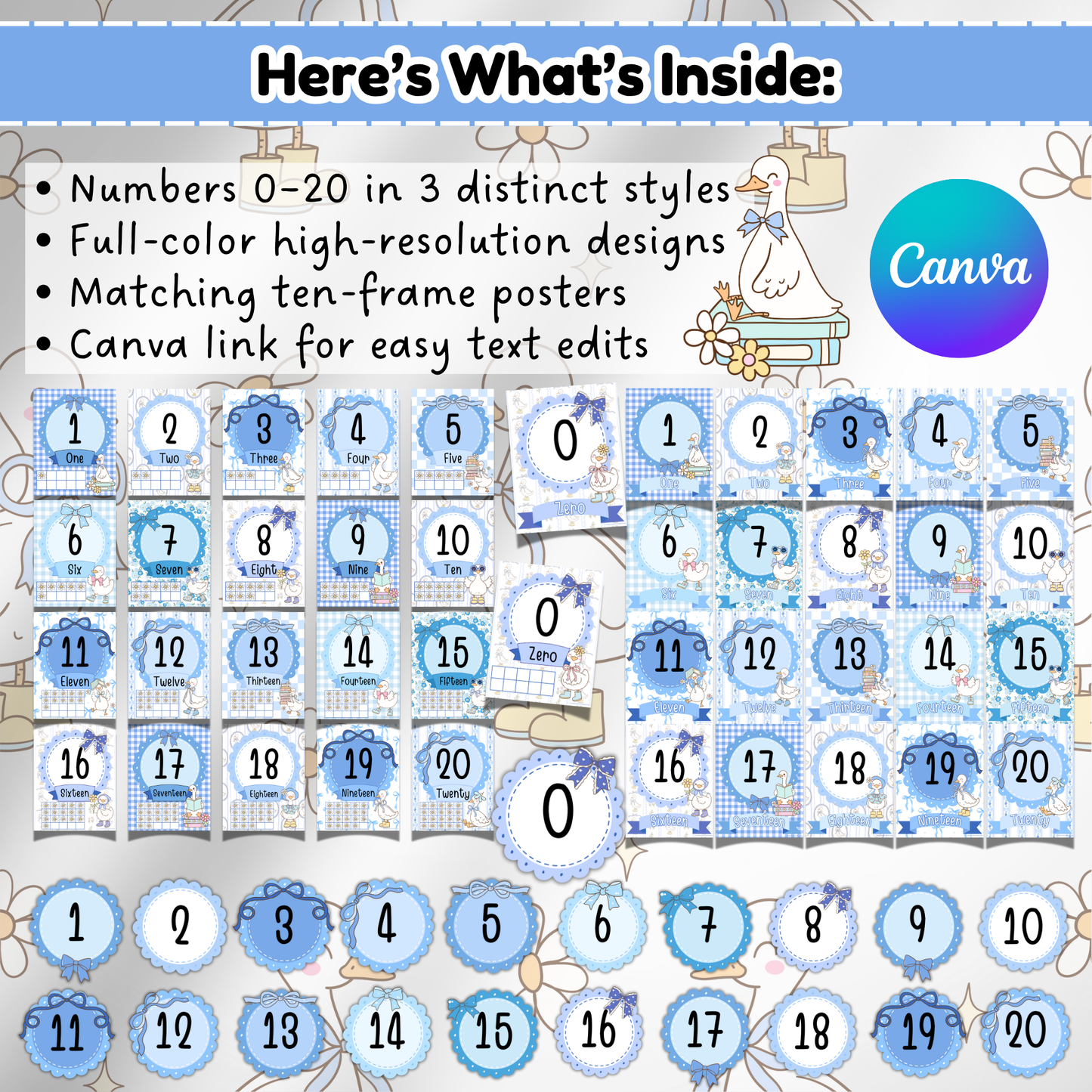Visual overview of the full Silly Goose Number Posters bundle, showing all three styles for numbers 0–20, including numeral-only, ten-frame, and word posters with Canva edit access.