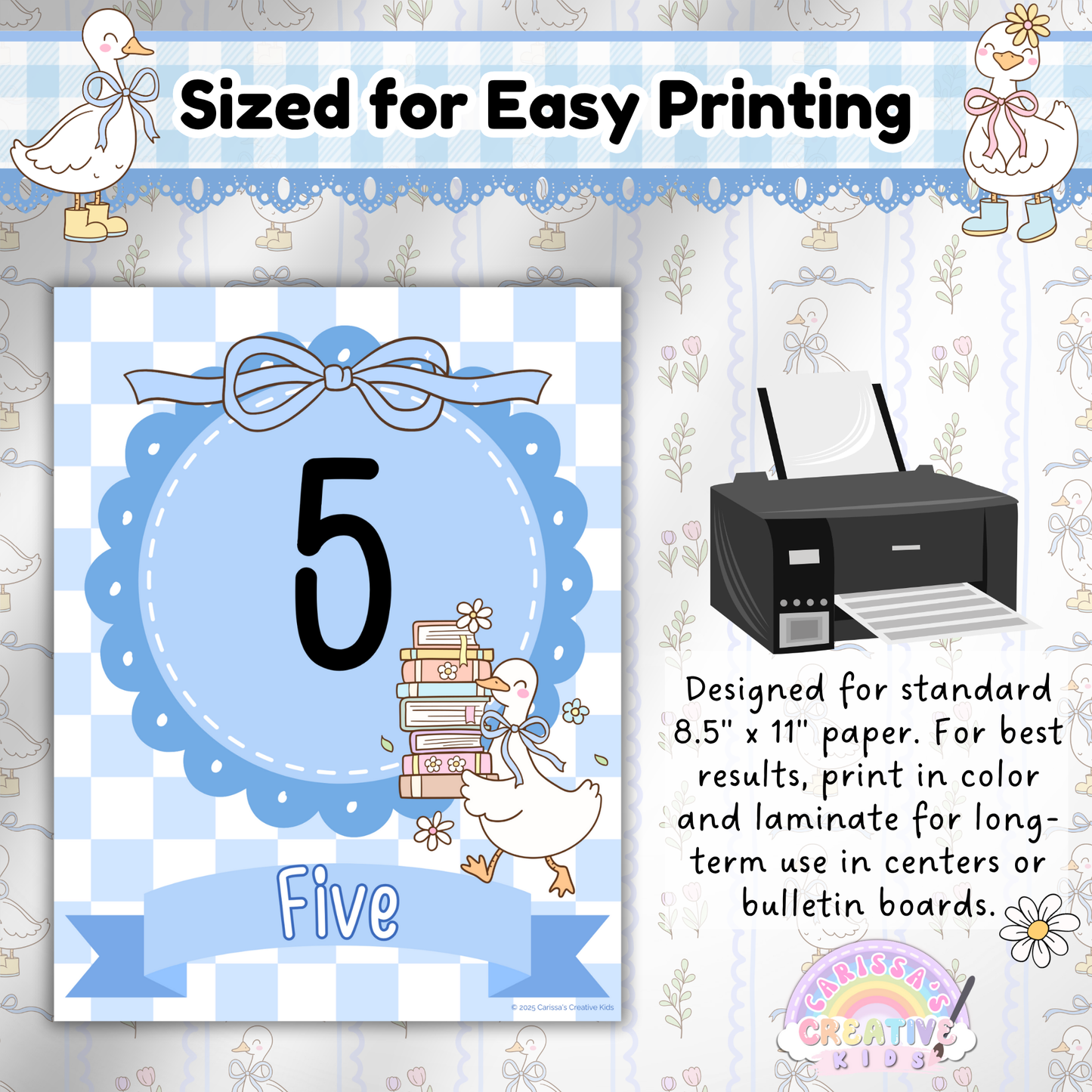Printable Silly Goose Number Poster shown on 8.5" x 11" paper with a blue gingham background and stack of books, next to printer graphic and printing tips for classroom use.