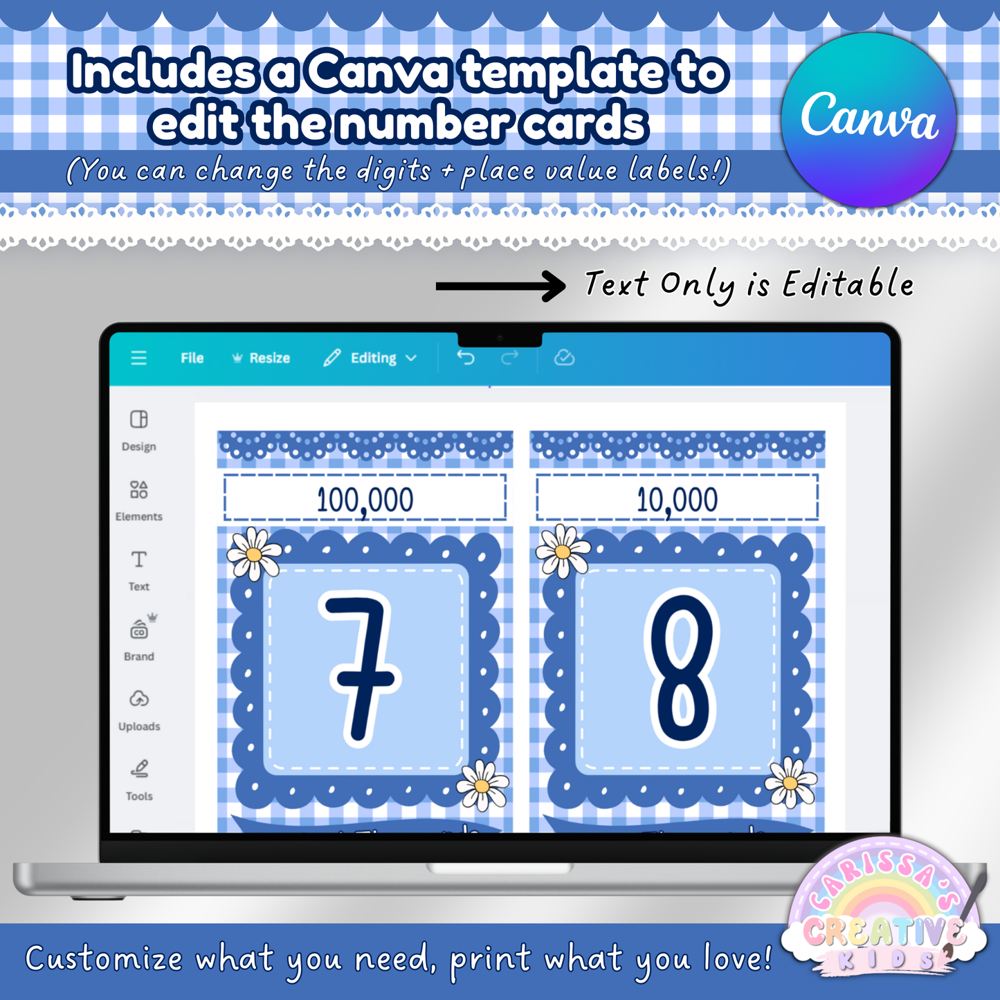 Editable Canva template for place value number cards in the Silly Goose classroom decor set. Teachers can customize digits and place value labels. Text-only editable design in blue gingham theme, perfect for tailoring to specific math strategies or grade levels.