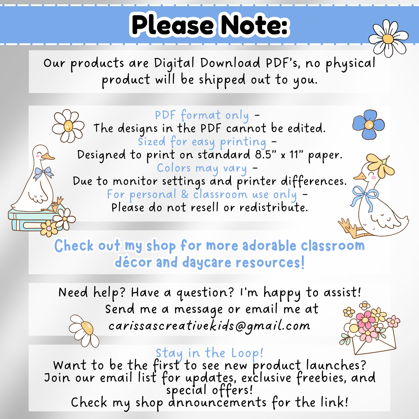 Please note details for Silly Goose Reading Corner printable classroom decor, including digital download PDF, no physical product, non-editable design, US Letter printing, and personal classroom use.