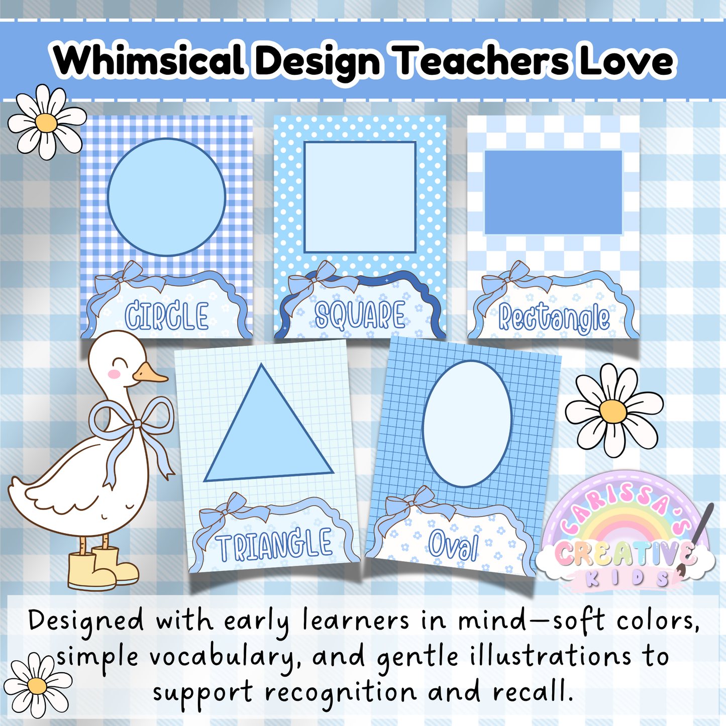 Five silly goose shape posters for circle, square, rectangle, triangle, and oval are displayed with gingham backgrounds in soft pastel blue. The design uses gentle illustrations and clear labels, crafted specifically to support shape recognition for early learners in preschool, kindergarten, and daycare classrooms.