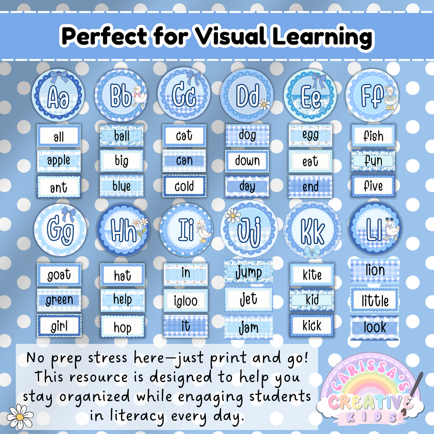 Editable word wall display with A to L alphabet headers and sample vocabulary cards in pastel blue gingham and polka dots, designed for early literacy and visual learning in the classroom.