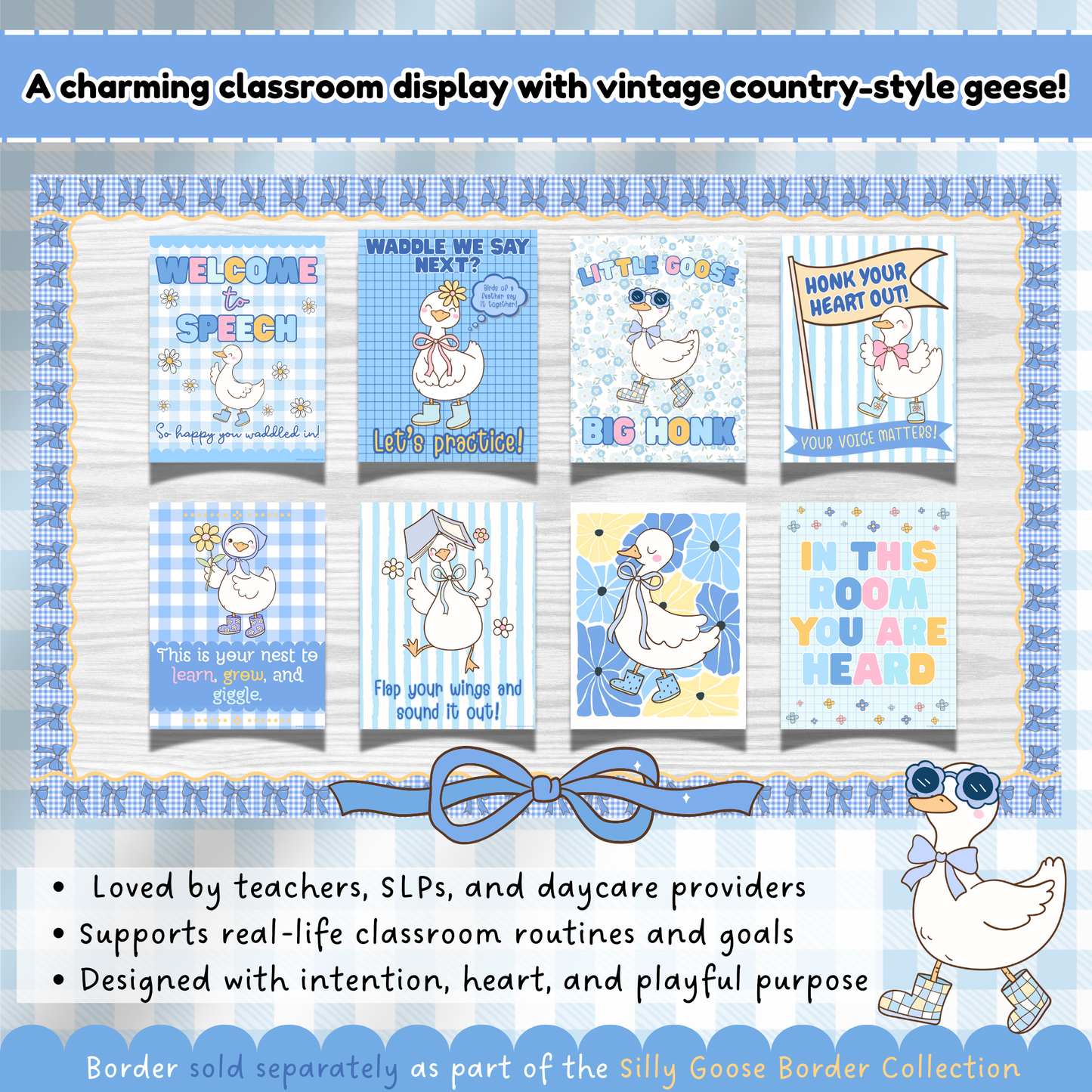Speech therapy poster set displayed on a classroom bulletin board with a blue gingham border, featuring vintage-style silly goose illustrations and supportive messages for SLPs, teachers, and daycare providers in soft pastel tones.