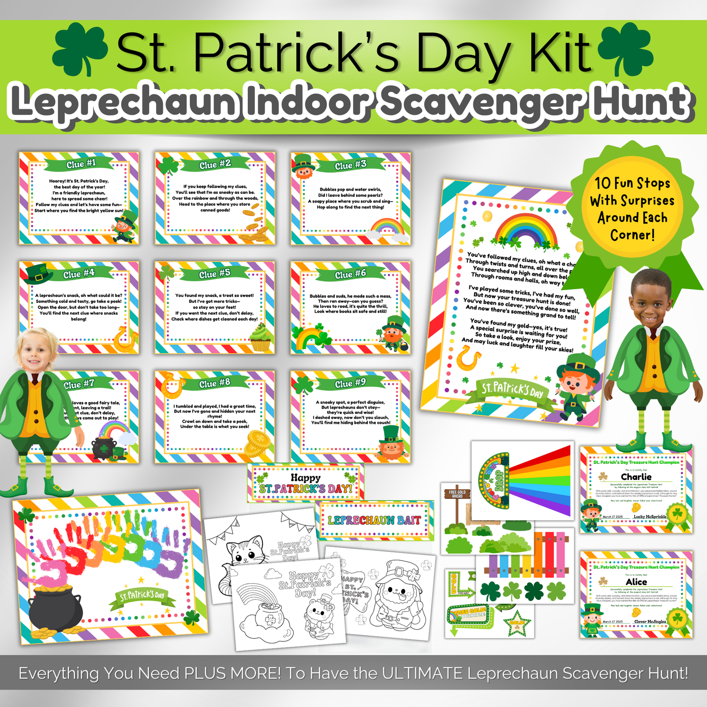 Printable St. Patrick's Day scavenger hunt for kids featuring 10 clues, fun activities, and surprise stops. Perfect for home or daycare.