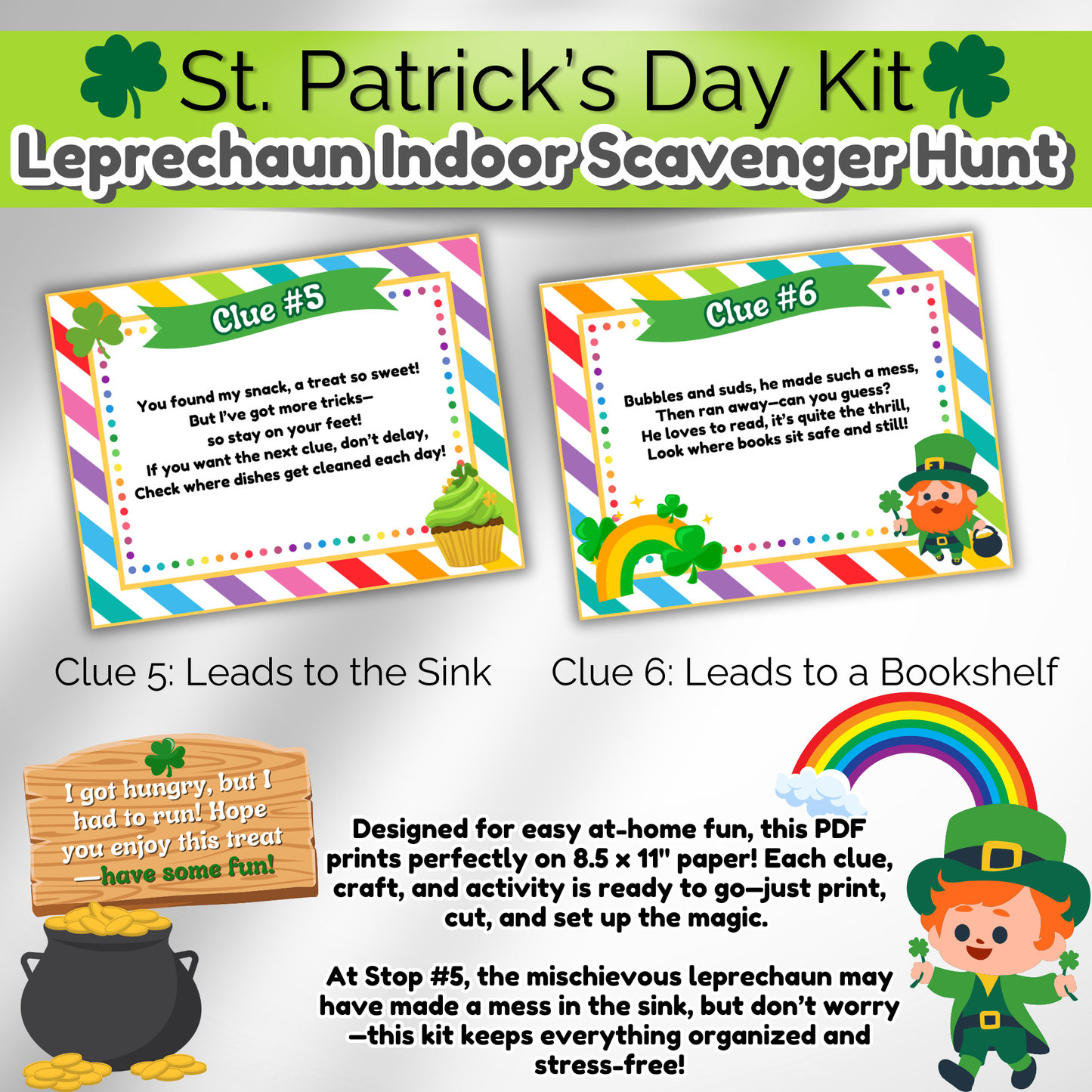 Instant download St. Patrick's Day scavenger hunt PDF. Prints perfectly on 8.5x11 paper with easy setup instructions.