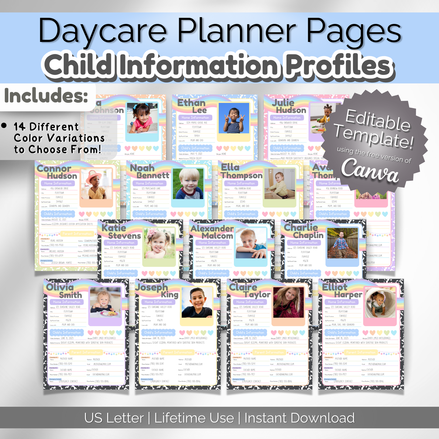 Colorful Student information sheets, 14 colored sheets in a Composition pastel rainbow theme