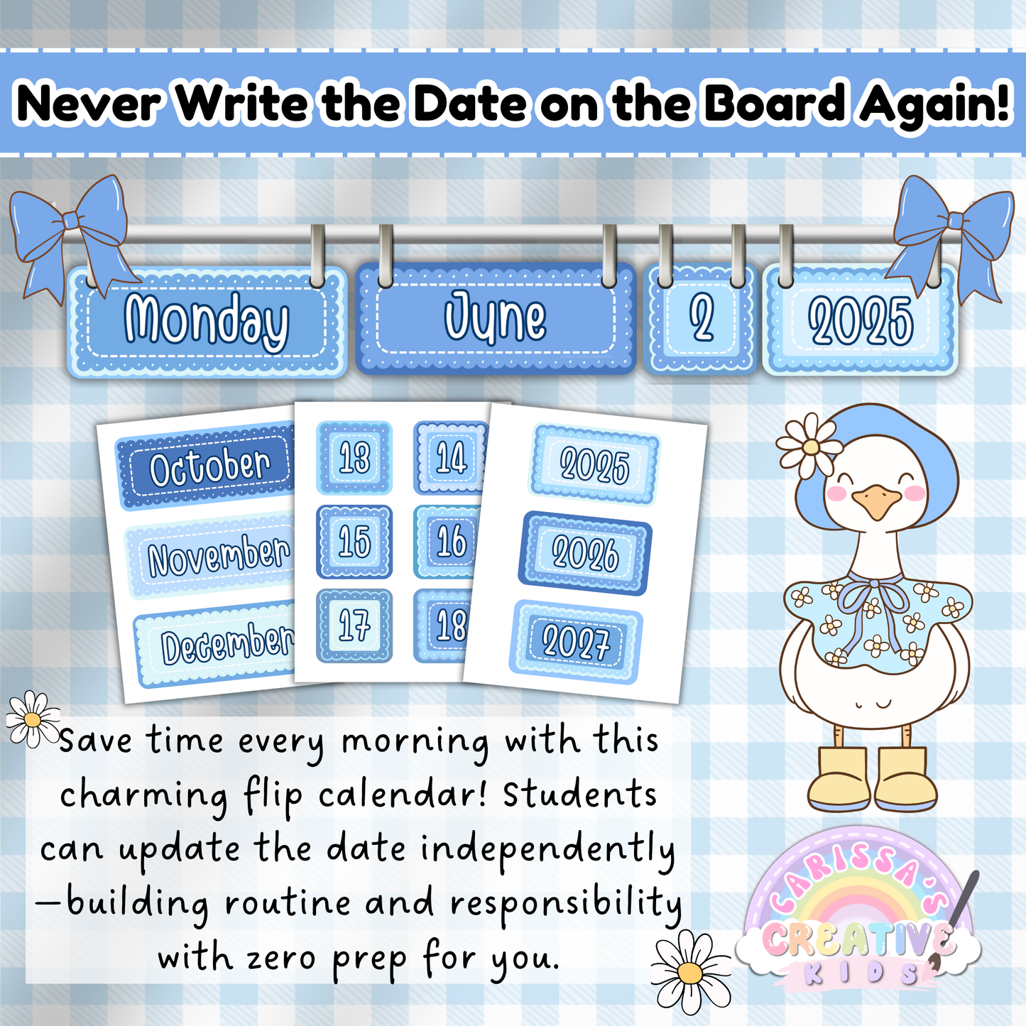 Teacher Flip Calendar for Classroom – Editable Printable Calendar for Students to Update the Date Independently in Blue Silly Goose Theme