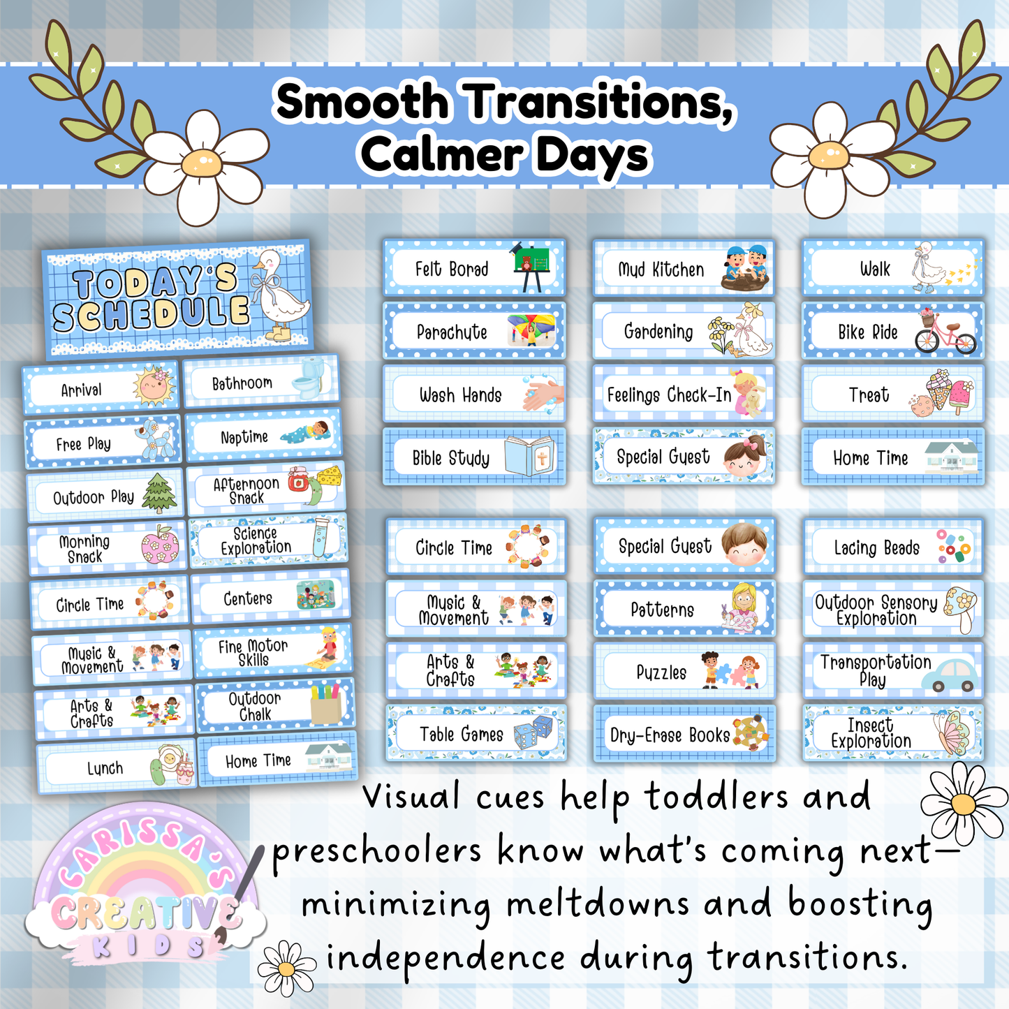 This visual shows a selection of daycare and preschool schedule cards from a Silly Goose-themed set designed to help young children transition between activities. Labeled with clear icons and editable text, the cards support smoother daily routines by showing toddlers and preschoolers what’s coming next—helping reduce meltdowns, ease anxiety, and foster independence. With over 60 editable options, this classroom management tool is perfect for visual learners and autism-friendly schedules.