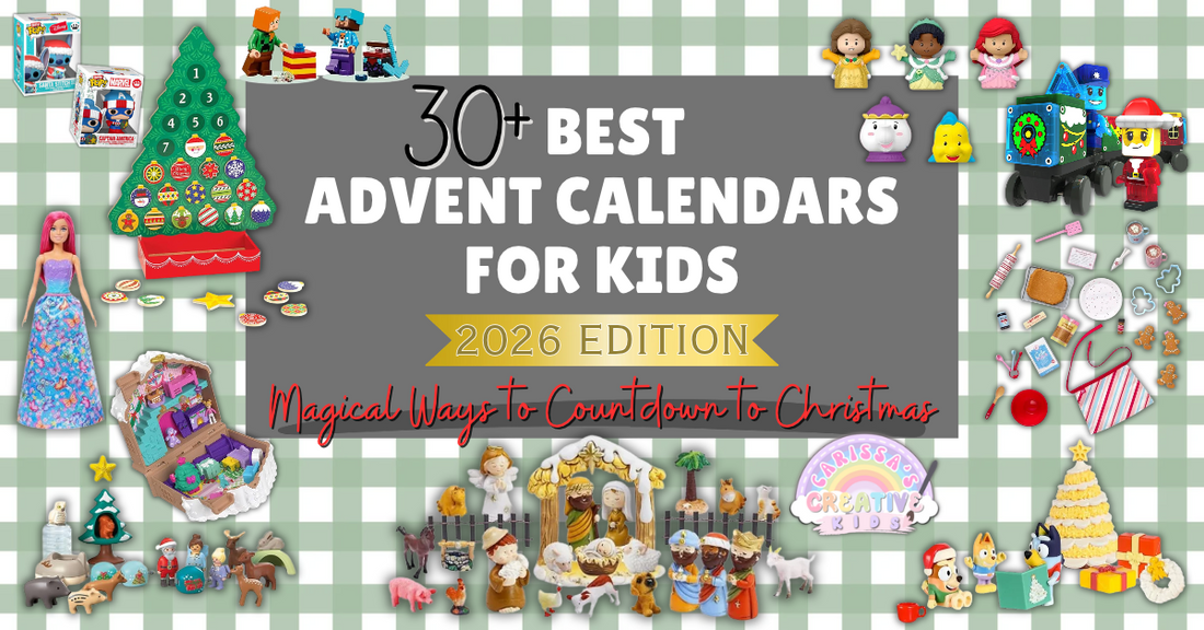 30 Best Advent Calendars for Kids 2026 banner featuring toys like LEGO, Barbie, Bluey, Play-Doh, and more holiday countdown ideas.