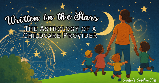 A cartoon-style illustration of a daycare provider holding hands with young children under a night sky filled with stars, a crescent moon, and a zodiac wheel — symbolizing astrology and a caregiver’s calling.