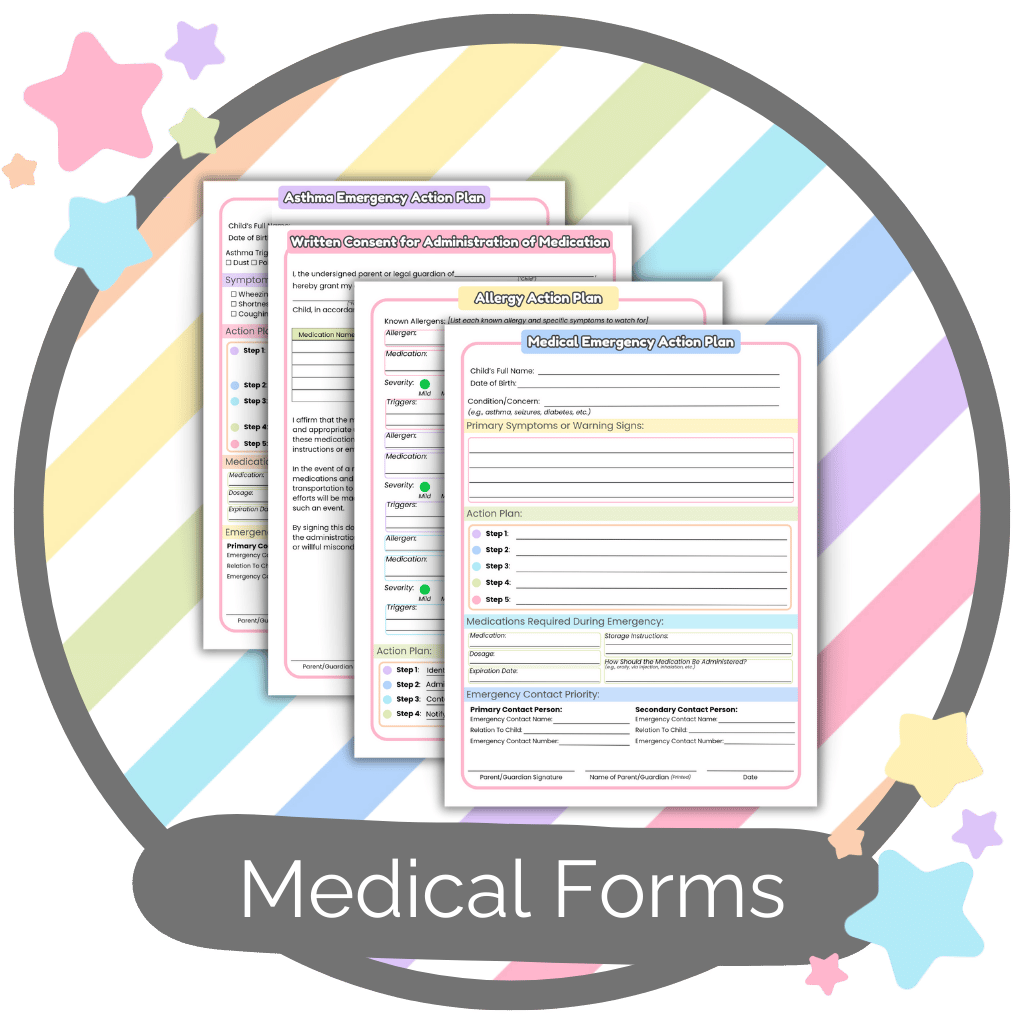 Daycare medical forms and emergency action plan printables for childcare providers, including medication consent and incident report templates.