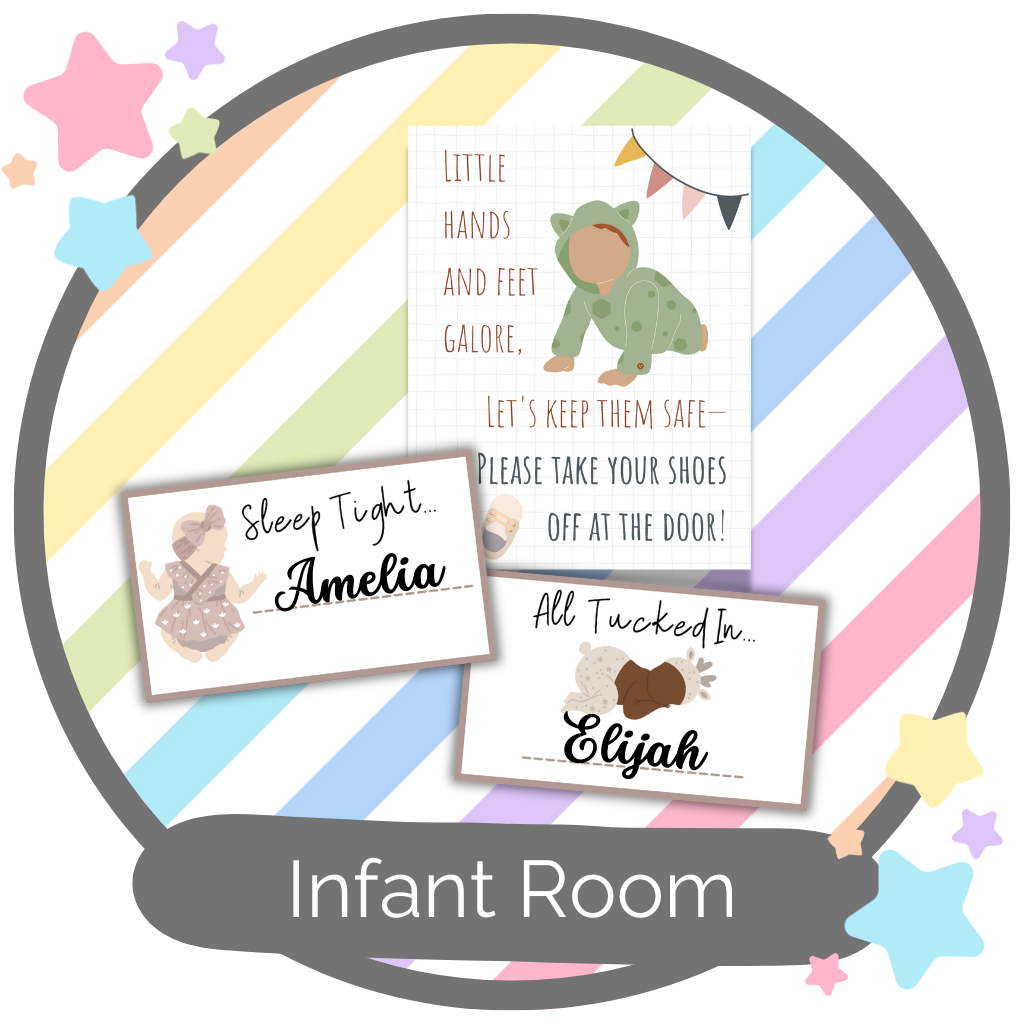 Infant room printables – editable daycare crib labels, boho rainbow theme posters, and no-shoes safety signs for childcare.