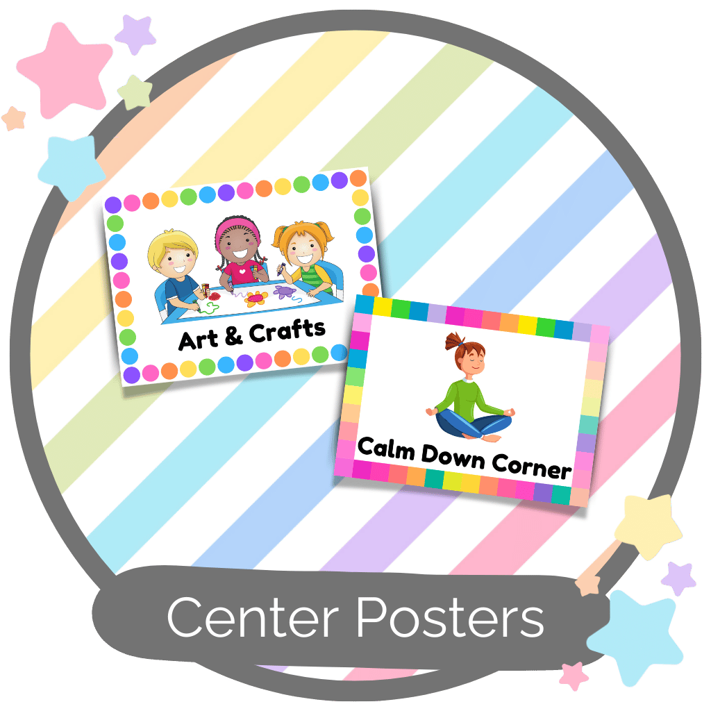Printable daycare center posters and preschool station labels with colorful icons for classroom organization and learning center setup.