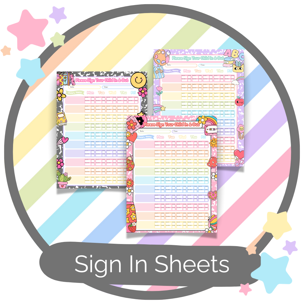 Editable daycare sign-in sheets and attendance forms for childcare, preschool, and camps – printable Canva templates.