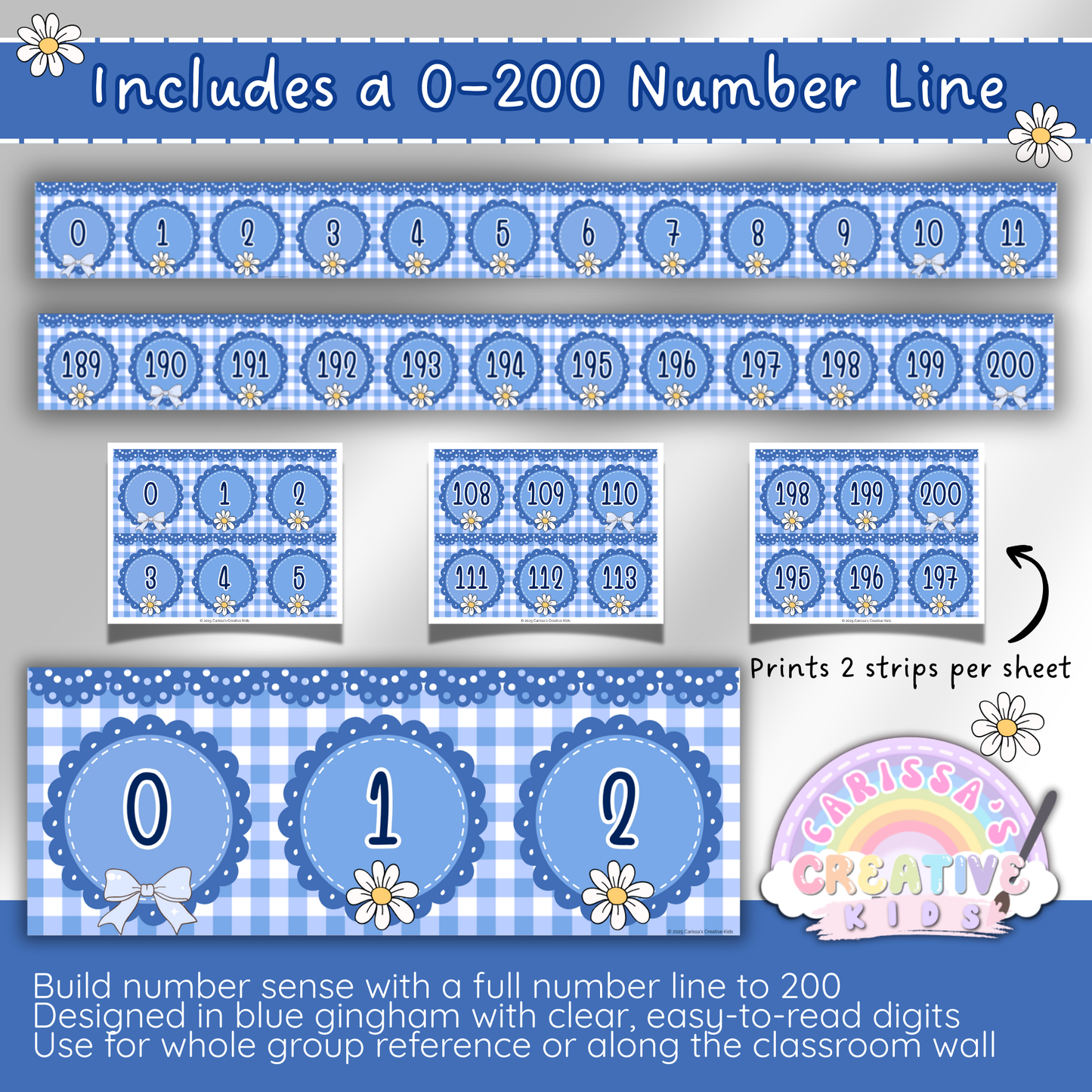 Silly Goose themed 0–200 number line for elementary classrooms, shown in blue gingham design. Includes clear number strips that print two per page. Great for building number sense and decorating math walls or bulletin boards.