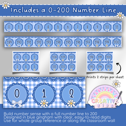 Silly Goose themed 0–200 number line for elementary classrooms, shown in blue gingham design. Includes clear number strips that print two per page. Great for building number sense and decorating math walls or bulletin boards.