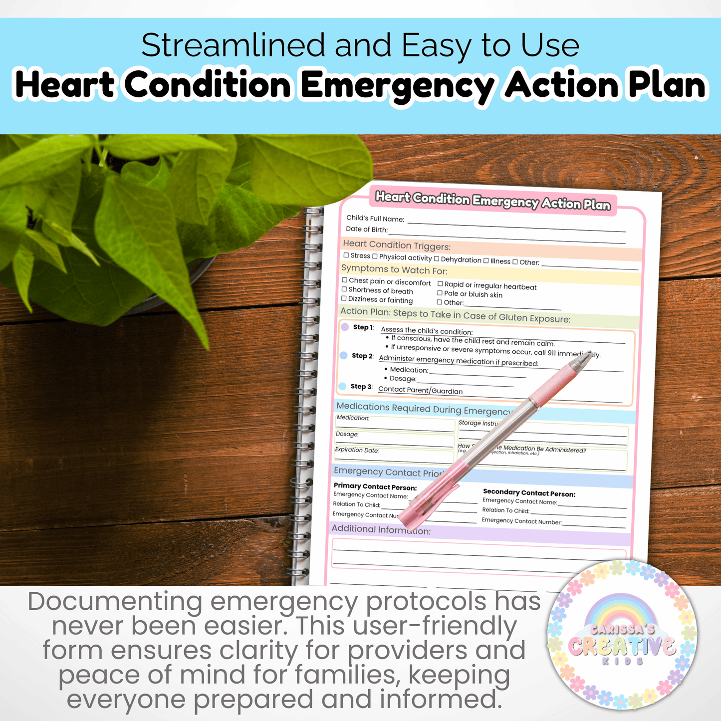Daycare Forms- Heart Condition Emergency Action Plan Editable Template