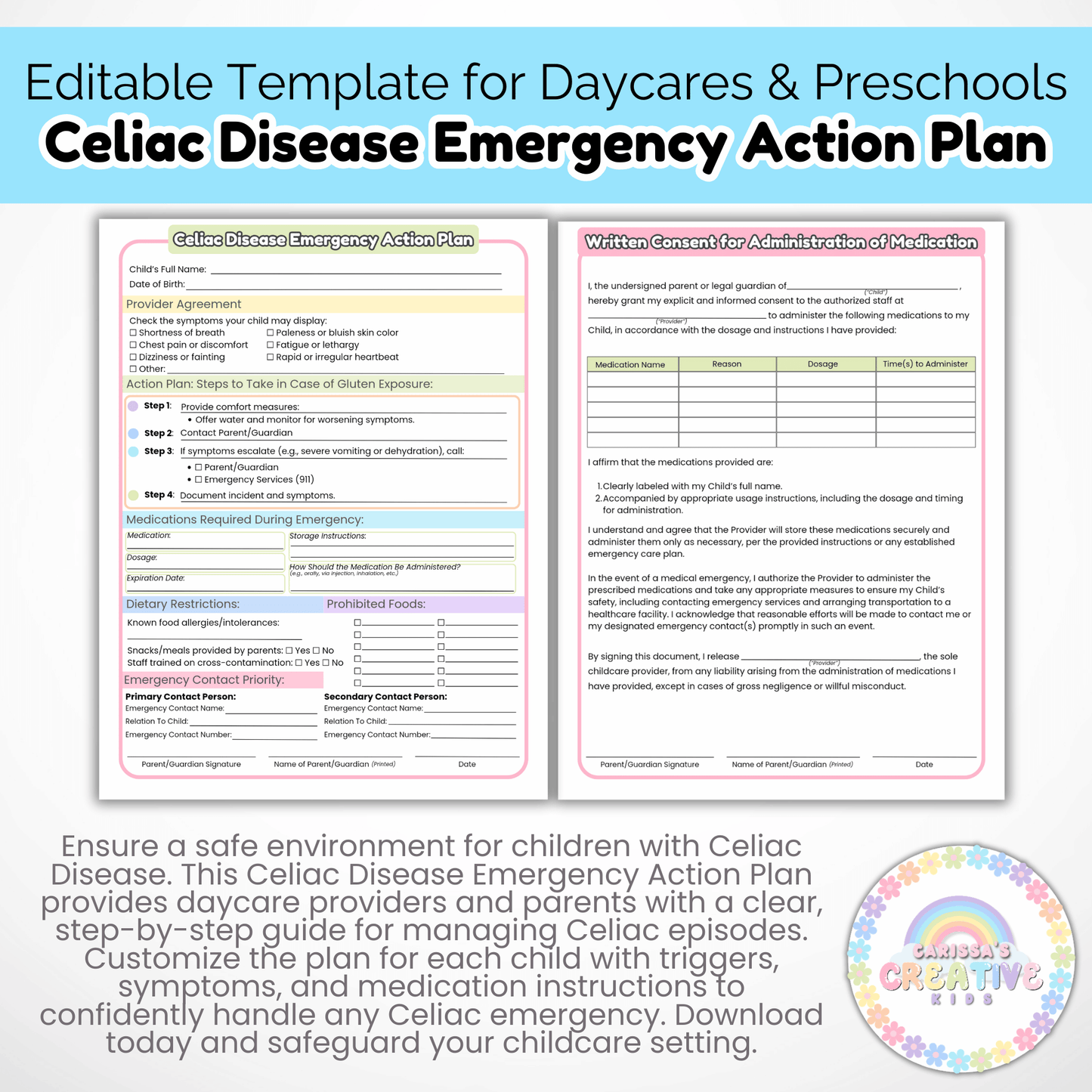 Daycare Forms- Celiac Disease Emergency Action Plan Editable Template