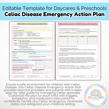 Daycare Forms- Celiac Disease Emergency Action Plan Editable Template