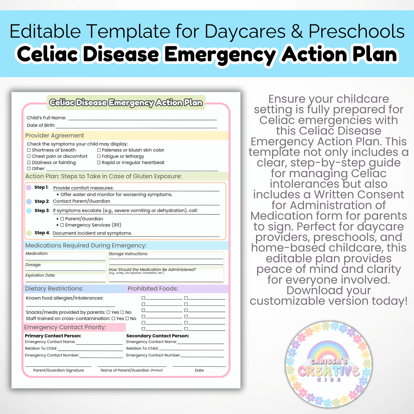 Daycare Forms- Celiac Disease Emergency Action Plan Editable Template