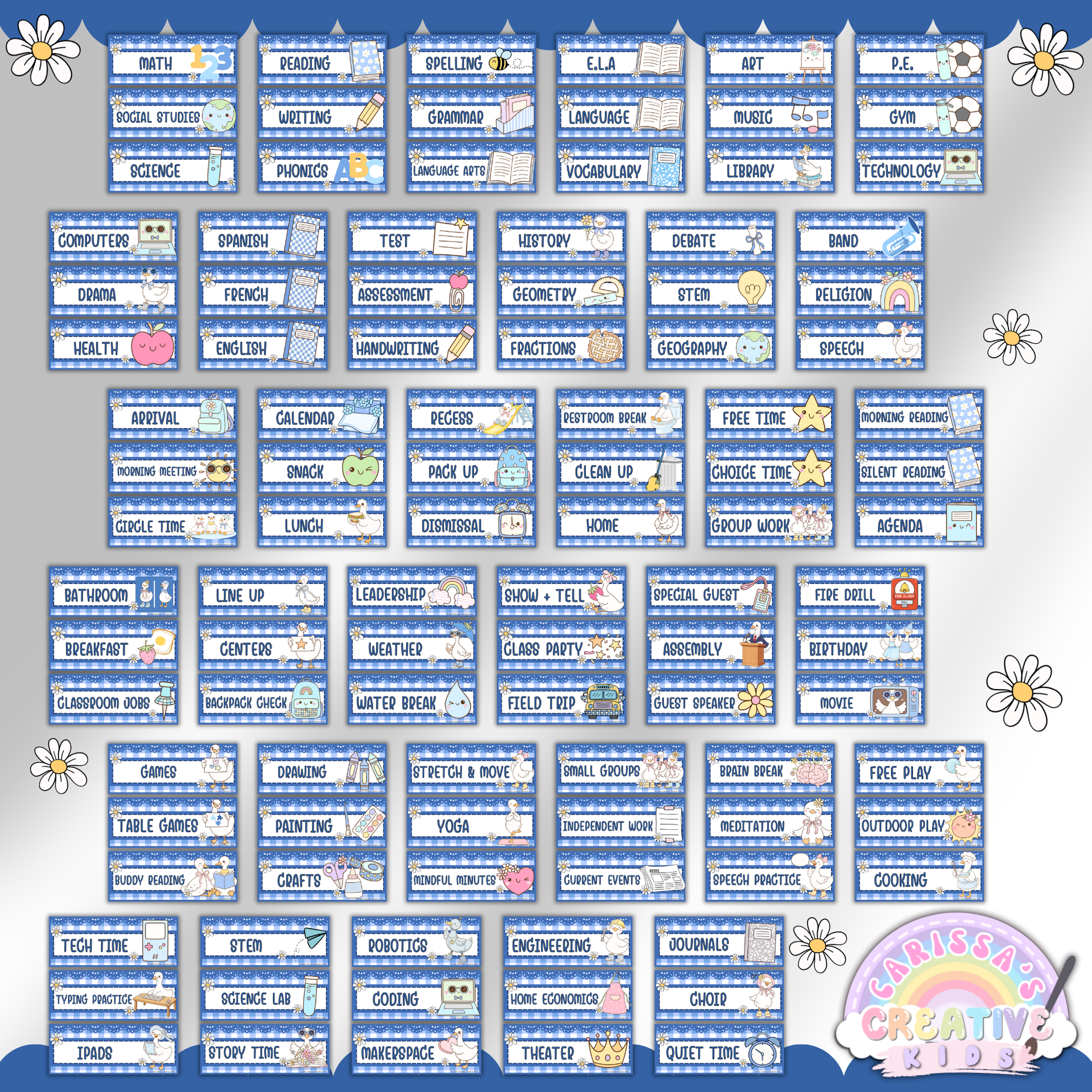 Full collection of 105 Silly Goose schedule cards including core subjects, daily routines, specials, visual cues, and editable time blocks for elementary classroom organization.