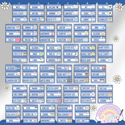 Full collection of 105 Silly Goose schedule cards including core subjects, daily routines, specials, visual cues, and editable time blocks for elementary classroom organization.