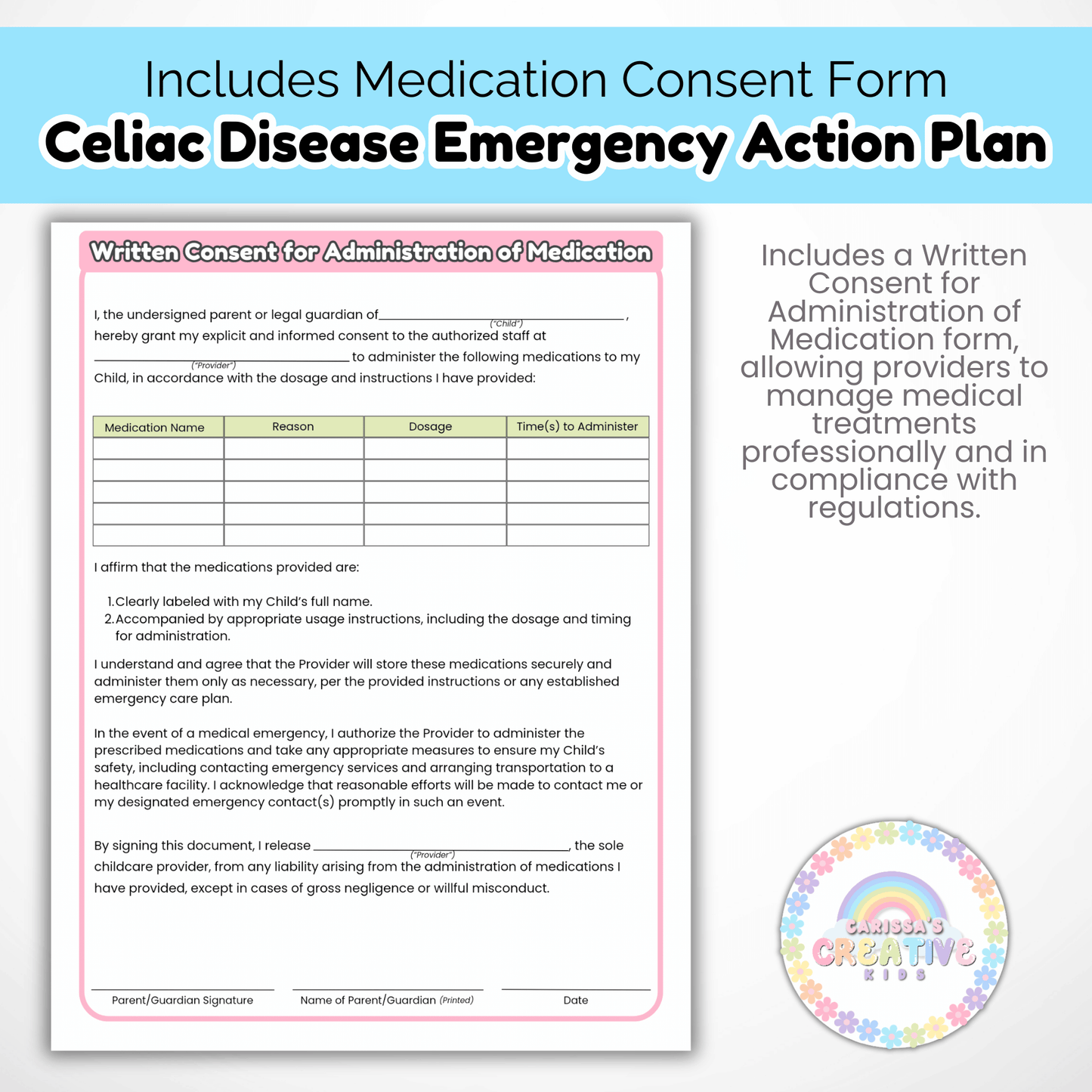Daycare Forms- Celiac Disease Emergency Action Plan Editable Template