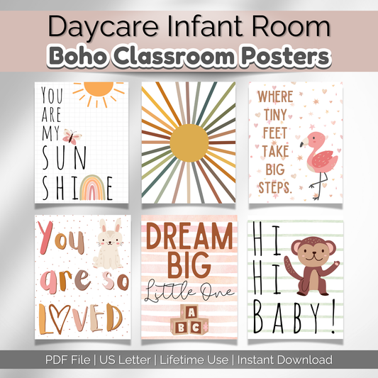 Daycare Infant Classroom Boho Rainbow Theme Posters | Neutral Infant Room