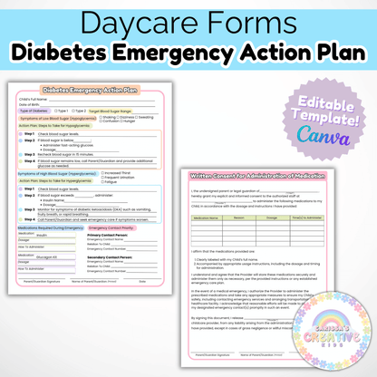Daycare Forms- Diabetes Emergency Action Plan & Written Consent Form Editable Template for Daycares and Preschools