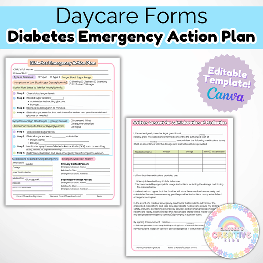 Daycare Forms- Diabetes Emergency Action Plan & Written Consent Form Editable Template for Daycares and Preschools
