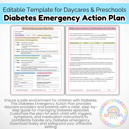 Daycare Forms- Diabetes Emergency Action Plan & Written Consent Form Editable Template for Daycares and Preschools