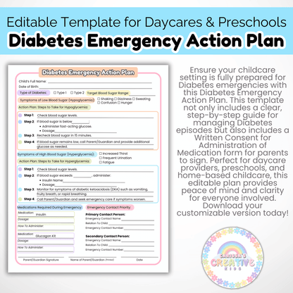 Daycare Forms- Diabetes Emergency Action Plan & Written Consent Form Editable Template for Daycares and Preschools