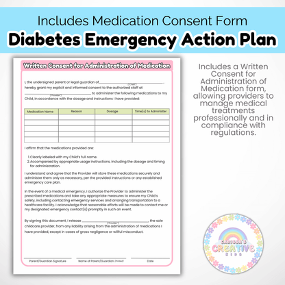 Daycare Forms- Diabetes Emergency Action Plan & Written Consent Form Editable Template for Daycares and Preschools