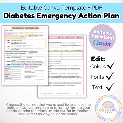 Daycare Forms- Diabetes Emergency Action Plan & Written Consent Form Editable Template for Daycares and Preschools
