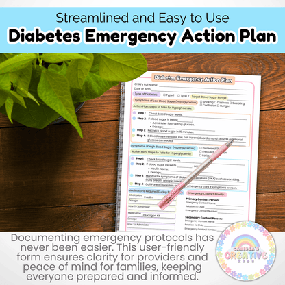Daycare Forms- Diabetes Emergency Action Plan & Written Consent Form Editable Template for Daycares and Preschools