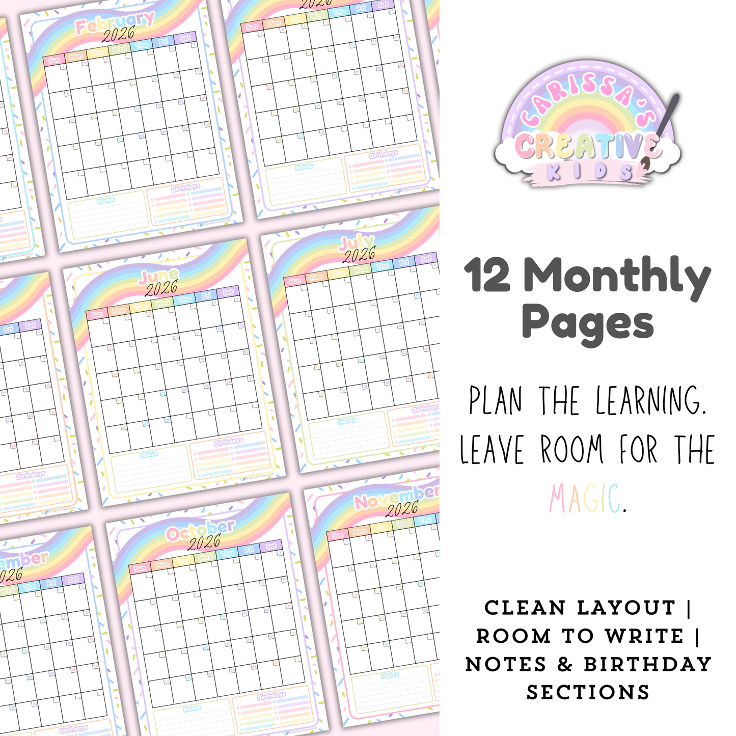 Preview of 12 Confetti Rainbow monthly calendar pages for the 2026–2027 printable teacher planner, showing a clean monthly grid with plenty of writing space plus Notes and Birthdays sections (US Letter).
