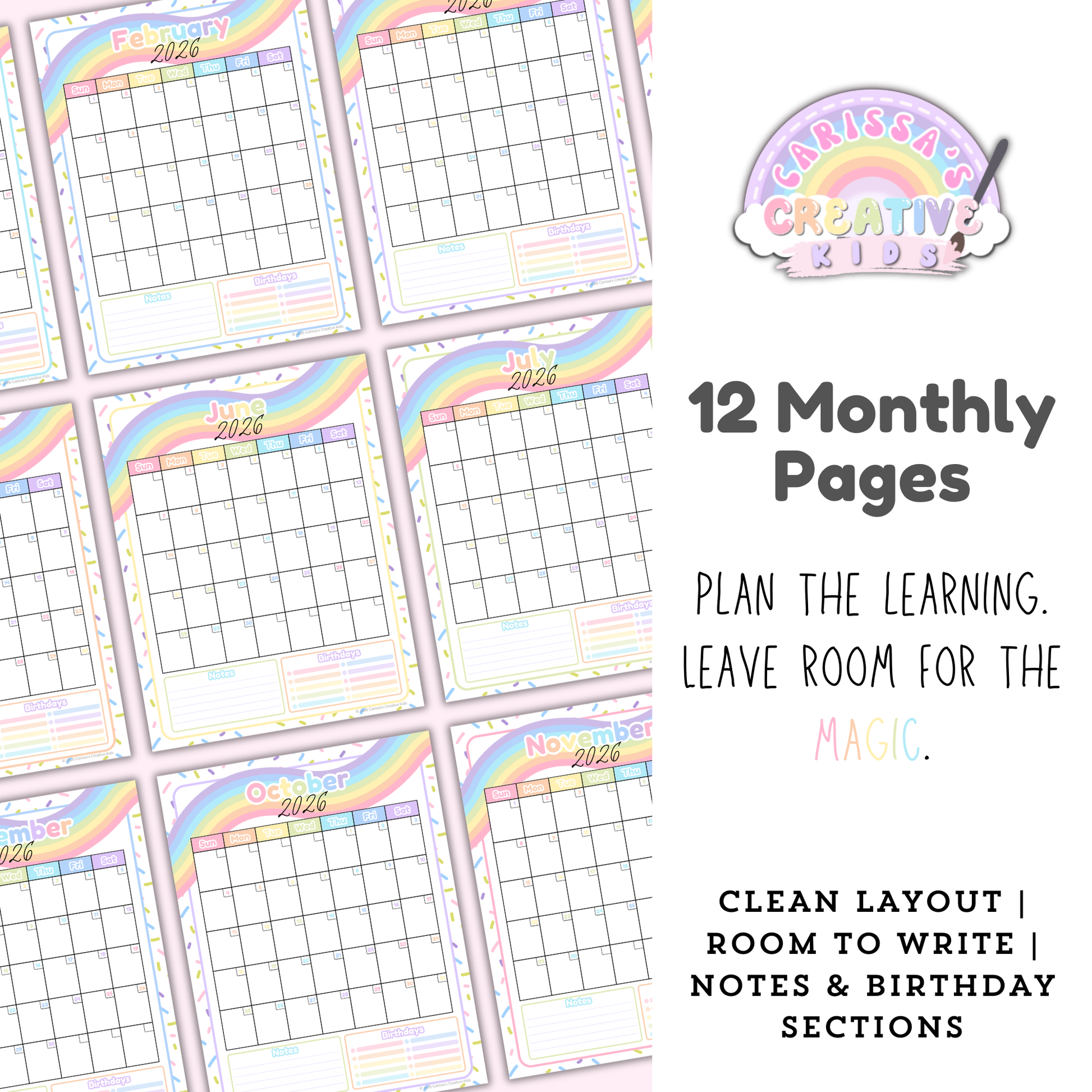 Preview of 12 Confetti Rainbow monthly calendar pages for the 2026–2027 printable teacher planner, showing a clean monthly grid with plenty of writing space plus Notes and Birthdays sections (US Letter).