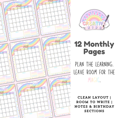 Preview of 12 Confetti Rainbow monthly calendar pages for the 2026–2027 printable teacher planner, showing a clean monthly grid with plenty of writing space plus Notes and Birthdays sections (US Letter).